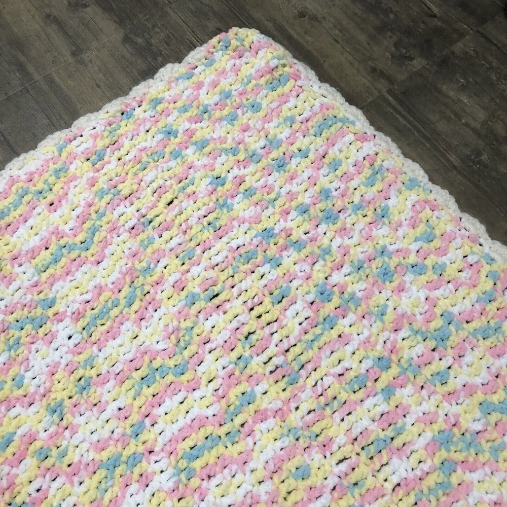 Handmade Knitted Baby Blanket Pastel Blue Pink Yellow 56x48 Inch NICE